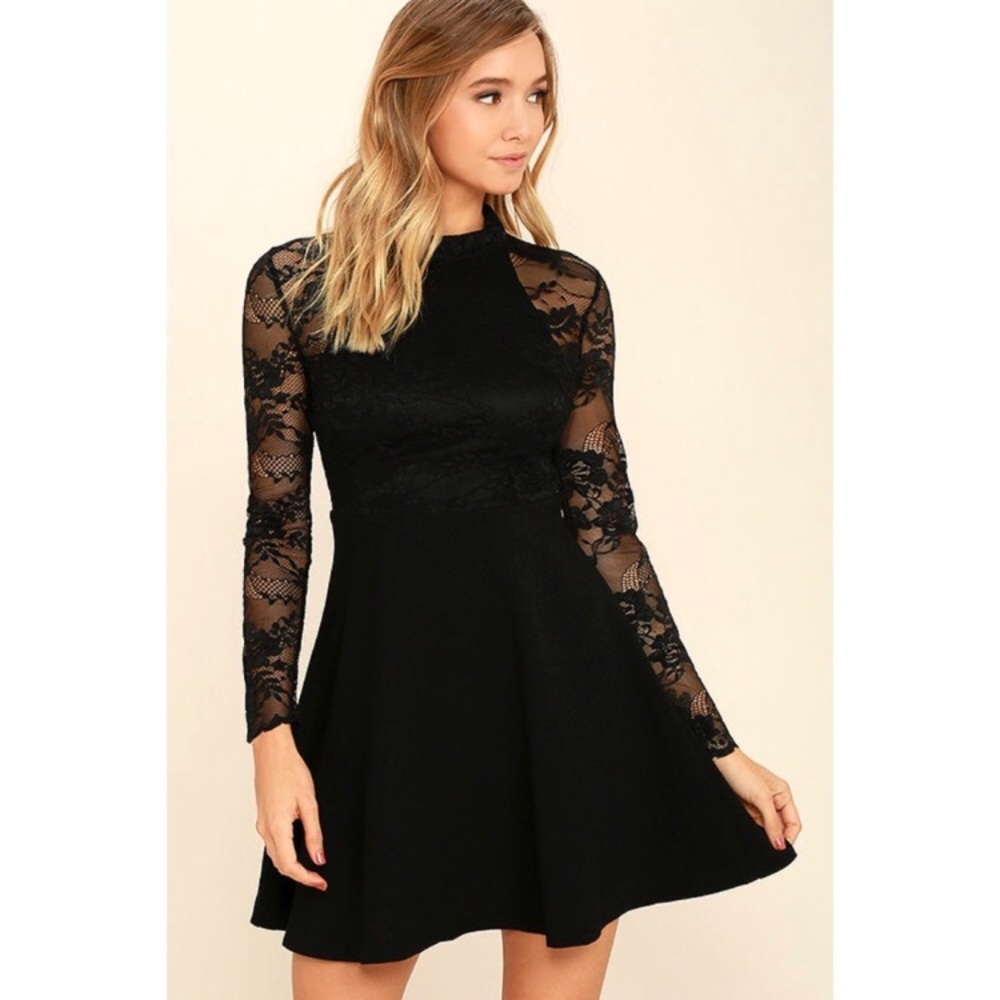 black long sleeve lace skater dress size small